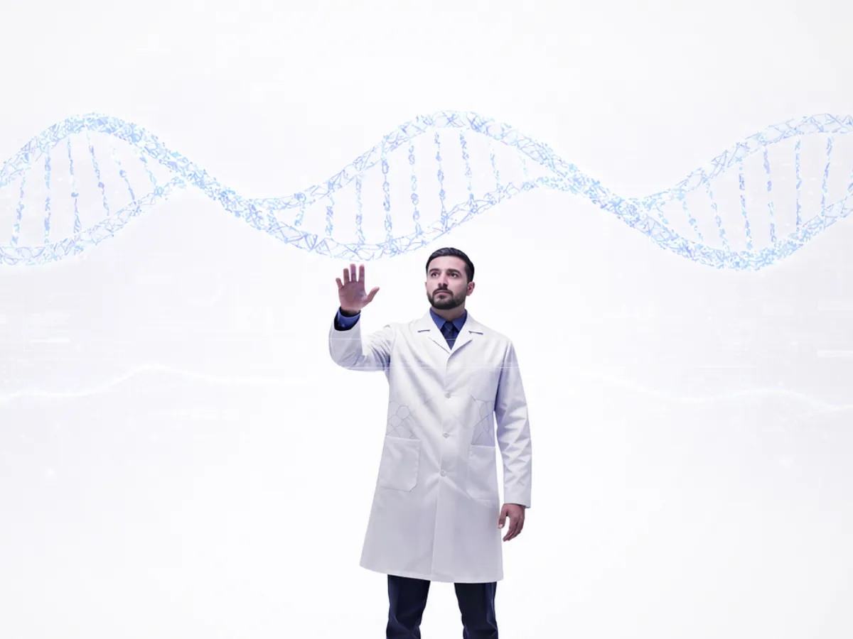 Researcher interacting with a digital DNA visualization representing genomics, clinical research, and medical innovation.